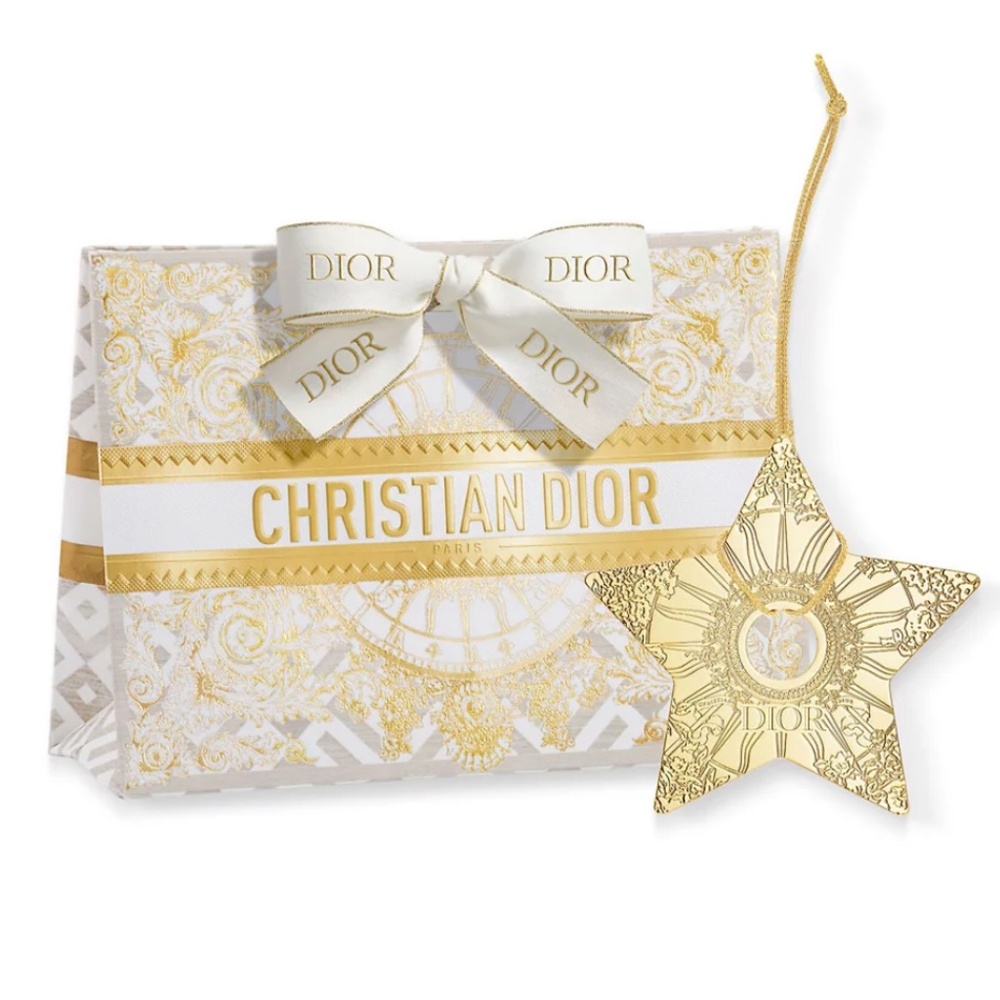 RARE DIOR 2024 Engraved Metal Gold Star Charm Christmas Ornament Gift Bag NEW